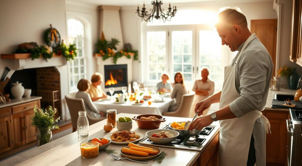 A bright, airy kitchen filled with the warmth of a crackling fireplace. A family gathering around a beautifully set table, laughter and conversation filling the air. In the foreground, a chef in a crisp white apron effortlessly prepares a delectable meal, their movements calm and confident. Sunlight streams in through large windows, casting a soft, golden glow over the scene. The countertops are neatly organized, with fresh herbs, spices, and a variety of seasonal produce within easy reach. The atmosphere is one of joyful, stress-free holiday cooking, where the focus is on quality time with loved ones and the simple pleasure of creating a nourishing, delicious feast.