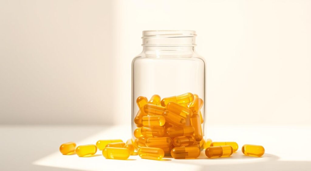 A brightly lit, close-up photograph of a glass jar filled with vitamin D capsules set against a clean, minimalist backdrop. The jar is positioned prominently in the center of the frame, casting a soft, warm glow from the natural lighting. The capsules are clearly visible, showcasing their vibrant yellow-orange color and translucent appearance. The background is a simple, neutral-toned surface, allowing the jar and its contents to be the focal point of the image. The overall mood is one of clarity, simplicity, and a focus on the essential nature of the vitamin D supplement.