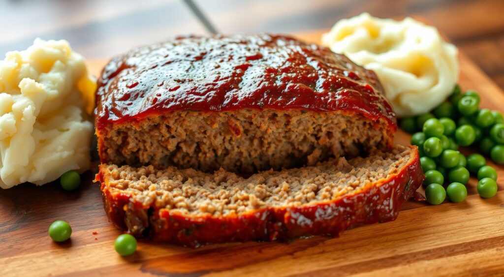 A classic meatloaf, freshly baked and still warm, resting on a rustic wooden cutting board. The top is lightly glazed, caramelized to a deep, rich brown, while the interior is tender and juicy, revealing a delicate blend of savory seasonings. Soft, pillowy mashed potatoes and vibrant green peas frame the meatloaf, creating a timeless, homemade scene. Soft, natural lighting bathes the composition, casting gentle shadows and highlighting the inviting texture of the dish. The overall atmosphere evokes a cozy, nostalgic feeling, capturing the enduring appeal of this beloved, comforting homemade classic.