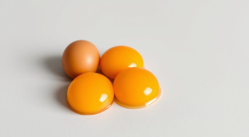 A close-up, high-resolution photograph of three organic, free-range egg yolks arranged in a triangular composition against a clean, light gray background. The yolks are vibrant in color, glistening with a rich, creamy texture, and casting soft, even shadows. The lighting is natural and diffused, accentuating the smooth, curvaceous shapes and highlighting the golden hues of the yolks. The image has a crisp, clear focus, with a shallow depth of field to make the yolks the dominant subject. The overall mood is one of simplicity, nutrition, and the natural abundance of this everyday superfood rich in vitamin D.