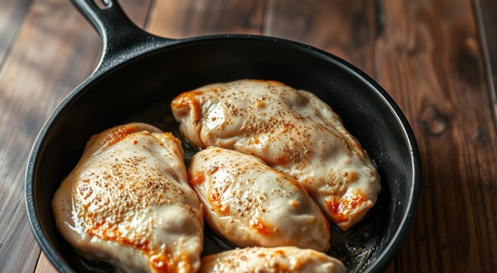 A close-up photo of juicy chicken breasts sizzling in a cast-iron skillet, set against a rustic wooden surface. The meat is lightly seasoned, with a delicate golden-brown sear on the exterior. Soft natural lighting from the side illuminates the delicate texture and moisture of the chicken. The scene conveys a sense of simplicity and culinary expertise, with a focus on the essential techniques for perfectly cooked chicken breasts.