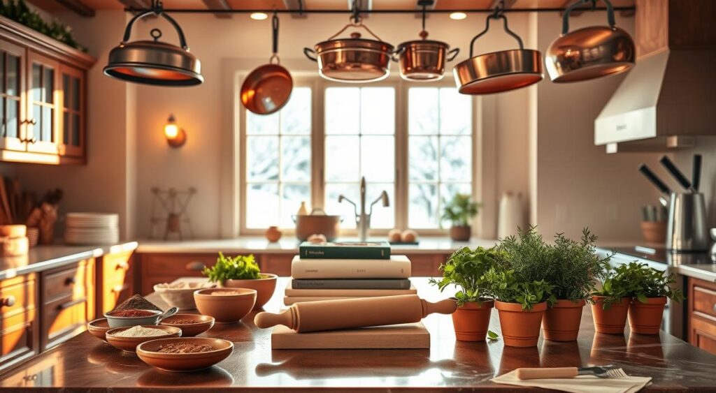 A cozy kitchen interior bathed in warm, golden lighting. On the central wooden table, an array of holiday cooking essentials - bowls of spices, a rolling pin, a stack of recipe books, and fresh herbs in terracotta pots. In the background, a large window frames a snowy winter landscape. Elegant copper pots and pans hang from a rustic rack, casting reflections on the polished marble countertops. The atmosphere is one of calm productivity, inviting the viewer to imagine the delicious aromas and flavors that will soon fill this space.