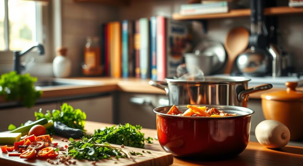 A cozy kitchen scene with a simmering one-pot dish taking center stage. Warm, natural lighting filters through a window, casting a soft glow on the countertop. In the foreground, a cutting board with chopped vegetables, herbs, and spices, hinting at the flavorful ingredients. The mid-ground features the one-pot, its contents bubbling gently, emitting enticing aromas. In the background, a neat arrangement of cookbooks and kitchen utensils, conveying the convenience and simplicity of one-pot cooking. The overall atmosphere is inviting, highlighting the benefits of this effortless meal preparation method.