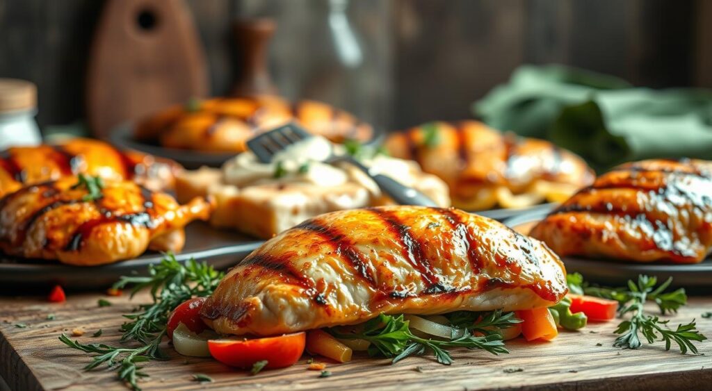 A delectable arrangement of mouthwatering chicken breast recipes, bathed in soft, natural lighting and captured with a shallow depth of field. In the foreground, a perfectly seared chicken breast sits atop a bed of aromatic herbs and vegetables, glistening with a savory glaze. In the middle ground, an assortment of chicken-based dishes, each showcasing a unique preparation technique or flavor profile - grilled, baked, pan-seared, or in a creamy sauce. The background features a rustic wooden table, complemented by a few scattered ingredients and kitchen utensils, conveying a sense of homemade, wholesome goodness. The overall atmosphere is warm, inviting, and celebrates the versatility of the humble chicken breast.
