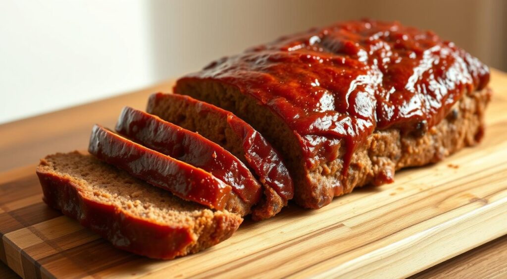 A meticulously crafted classic American meatloaf, freshly baked and glistening, sits atop a wooden cutting board. The loaf is perfectly formed, with a golden-brown crust and a mouthwatering aroma that fills the room. Slices of the meatloaf are neatly arranged, revealing the juicy, well-seasoned interior. The image is captured in warm, natural lighting, creating a cozy and inviting atmosphere. The background features a simple, clean backdrop, allowing the meatloaf to be the central focus, showcasing its timeless and comforting appeal.