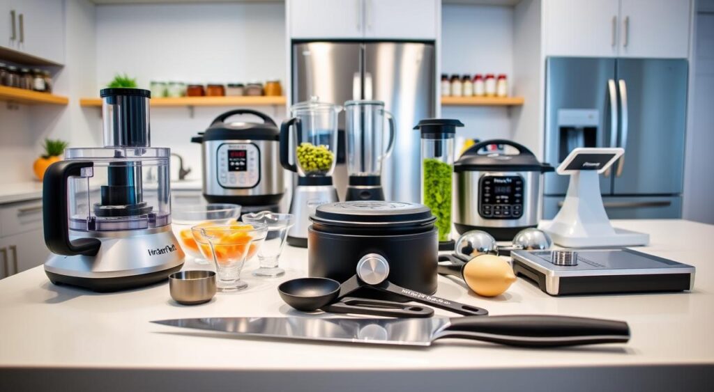 A modern, bright kitchen countertop with various time-saving culinary tools arranged neatly. In the foreground, a high-quality food processor, a sharp chef's knife, and a set of measuring cups and spoons. In the middle ground, a blender, an instant pot, and a spiralizer. In the background, a sleek stainless steel refrigerator and shelves stocked with jars of herbs and spices. Soft, even lighting illuminates the scene, highlighting the efficient, streamlined layout. The overall atmosphere conveys a sense of organization, productivity, and culinary mastery, perfect for quick, easy meal preparation.