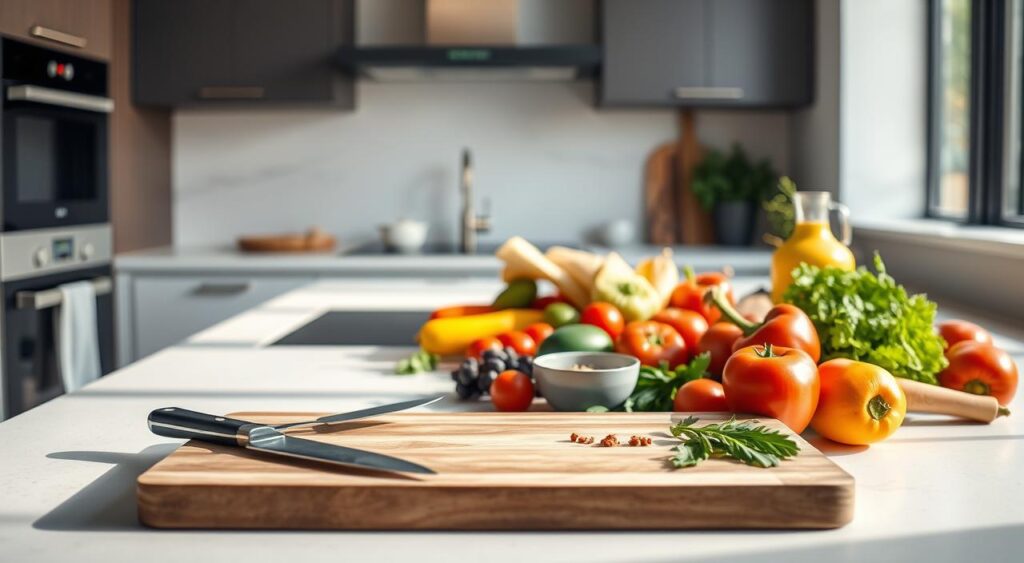 A modern, minimalist kitchen countertop with a variety of fresh, colorful ingredients arranged in an effortless, inviting manner. In the foreground, a chef's knife, cutting board, and a few simple cooking utensils convey the idea of a quick, easy meal preparation. The middle ground features an array of vegetables, herbs, and a small bowl of spices, suggesting a range of flavorful options. The background showcases a clean, bright space with natural light streaming in through a window, creating a serene, relaxed atmosphere. The overall scene conveys the concept of quick, wholesome, and satisfying meals that can be prepared with minimal time and effort, perfect for busy lives.