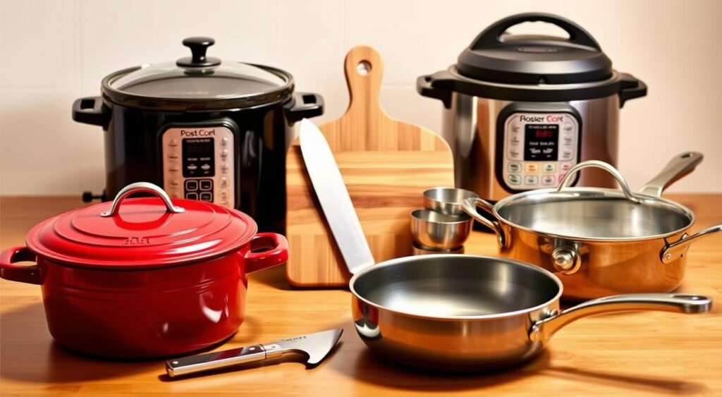 A neatly arranged display of essential one-pot cooking equipment, illuminated by warm, diffused lighting. In the foreground, a cast-iron Dutch oven, a sturdy stainless-steel saucepan, and a versatile sauté pan gleam. In the middle ground, a wooden cutting board, a sharp chef's knife, and a set of metal measuring cups and spoons stand ready. In the background, a slow cooker and a pressure cooker sit side by side, complementing the ensemble. The scene exudes a sense of culinary preparedness and efficiency, perfectly capturing the spirit of easy one-pot meals.