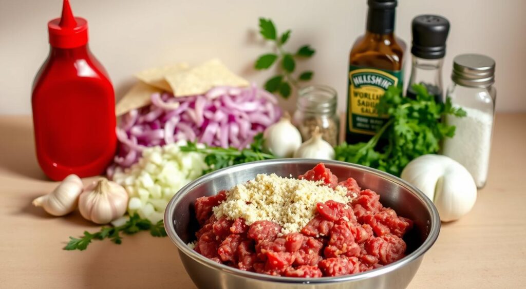 A neatly arranged still life featuring the essential ingredients for a classic meatloaf. In the foreground, a mixture of ground beef, breadcrumbs, and beaten eggs sits in a stainless steel bowl, ready to be combined. Behind it, a pile of diced onions, garlic cloves, and fresh parsley add pops of color and aroma. In the middle ground, a jar of ketchup, a bottle of Worcestershire sauce, and a shaker of salt and pepper stand ready to season the dish. The background is a simple, neutral surface, allowing the ingredients to take center stage under warm, diffused lighting that casts gentle shadows, creating a cozy, homemade atmosphere.