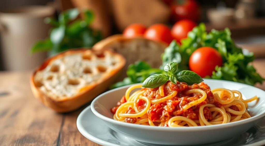 A nourishing and visually appealing quick and easy meal, featuring a plated arrangement of fresh, colorful ingredients. In the foreground, a bowl of steaming pasta, perfectly al dente, tossed with a vibrant tomato-based sauce and garnished with fresh basil leaves. Alongside, a crisp green salad, the leaves glistening with a light vinaigrette dressing. In the middle ground, a crusty slice of artisanal bread, its golden-brown crust inviting a dip in the savory sauce. The background is softly blurred, evoking a cozy, homey kitchen setting, with warm, diffused lighting casting a comforting glow over the scene. The overall mood is one of simplicity, nourishment, and the pure pleasure of a delicious, stress-free meal.