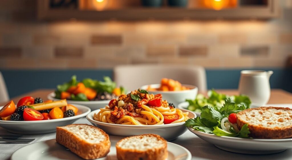 A vibrant and appetizing quick dinner recipe, featuring a delectable main dish and fresh, colorful side dishes. The scene is lit by warm, inviting overhead lighting that casts a soft glow over the table setting. The main dish, perhaps a savory stir-fry or a hearty pasta, takes center stage, surrounded by a selection of nourishing sides like roasted vegetables, a crisp salad, and a crusty slice of bread. The table is set with simple, elegant dinnerware, creating a welcoming and effortless ambiance. The overall composition conveys the ease and satisfaction of preparing a quick, satisfying meal to save time in the kitchen.