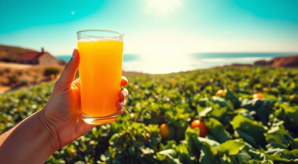 A vibrant, sun-soaked scene showcasing the abundant health benefits of vitamin D. In the foreground, a close-up of a glowing sun-kissed hand holding a glass of freshly squeezed orange juice, symbolizing the vitamin D-rich citrus fruit. In the middle ground, a lush, verdant field of leafy greens and vegetables, representing the diverse dietary sources of this essential nutrient. In the background, a serene coastal landscape with a clear blue sky and gently lapping waves, conveying the connection between vitamin D and natural sunlight exposure. The lighting is warm and natural, captured through a wide-angle lens to emphasize the expansive, life-affirming environment. The overall mood is one of vitality, wellness, and the rejuvenating power of vitamin D.