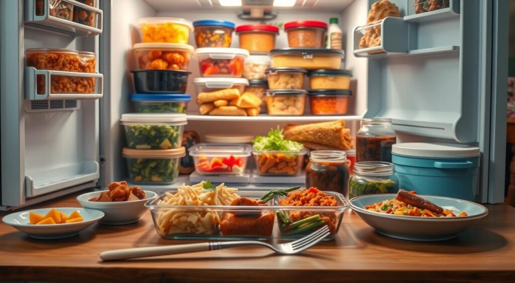 A well-stocked refrigerator filled with an array of colorful leftovers, ranging from savory stews to flavorful curries, artfully arranged on a wooden table bathed in warm, natural lighting. The diverse selection of containers and dishware creates a visually appealing display, hinting at the potential for creative culinary repurposing. In the foreground, a pair of chopsticks and a fork lie ready to dive into the delectable morsels, while the background subtly suggests a cozy, domestic setting, inviting the viewer to imagine the satisfying meal that awaits.