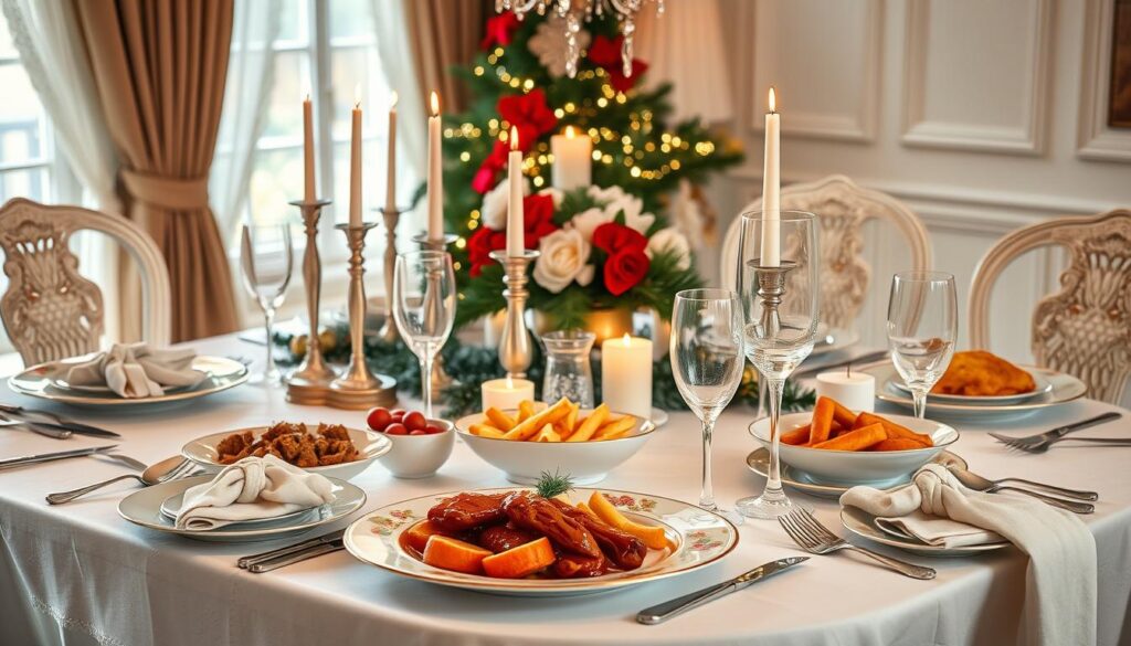 Beautifully set Christmas dinner table with food and decorations