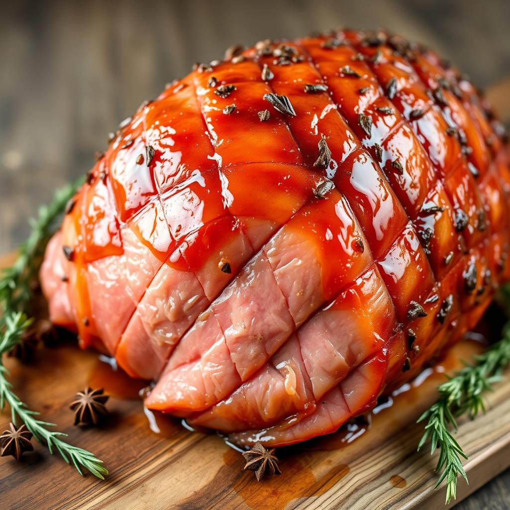Brown sugar glazed ham with diamond pattern scoring