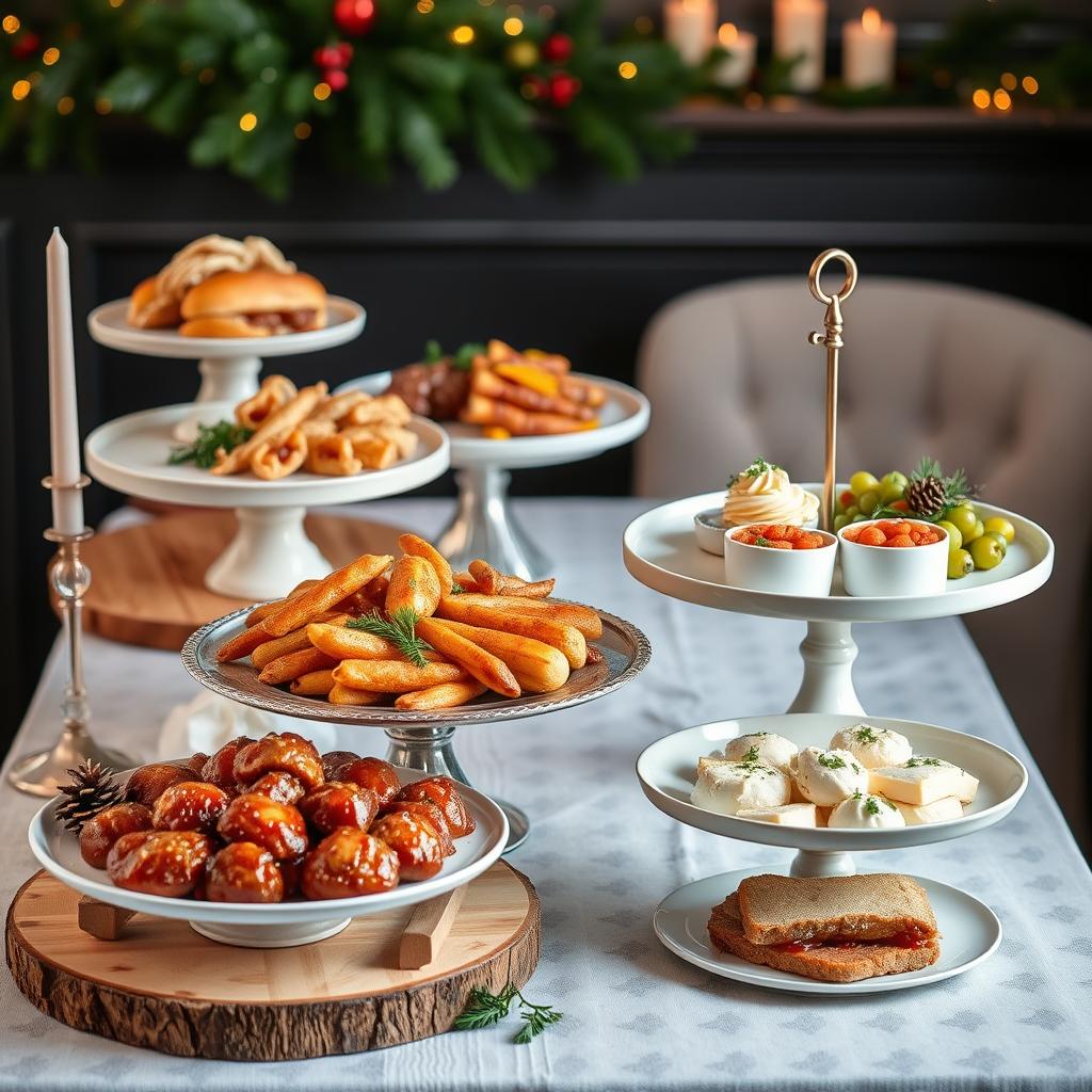 Christmas food on elevated serving dishes