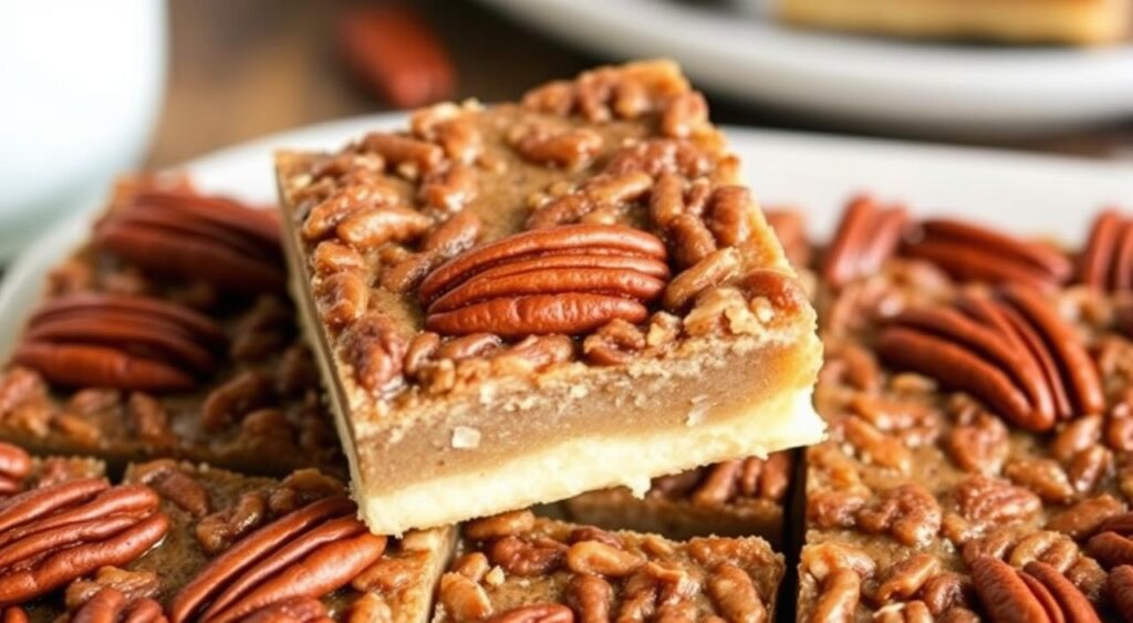 Create an image of Easy Pecan Pie Bars with a shortbread crust and topped with pecans.