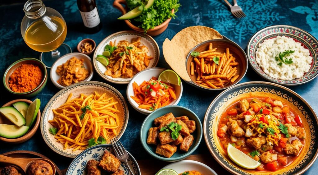 Create an image of a delicious Mexican-inspired dinner with vibrant colors and appealing presentation.