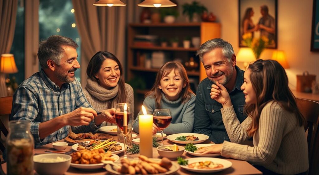 Create an image of a happy family having dinner together