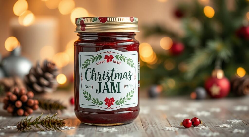 Create an image of a jar of homemade Christmas jam with a decorative label