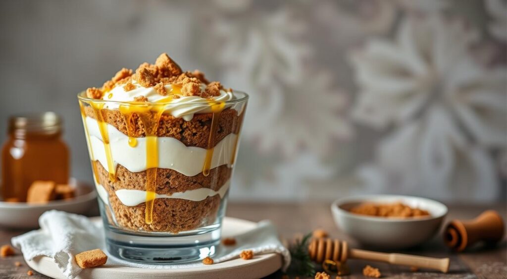 Create an image of a layered Honey Gingerbread Trifle.