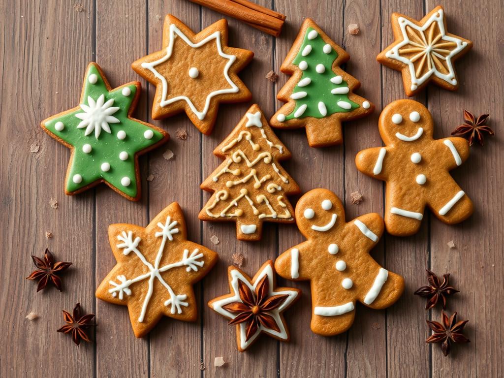 Decorated gingerbread cookies in Christmas shapes