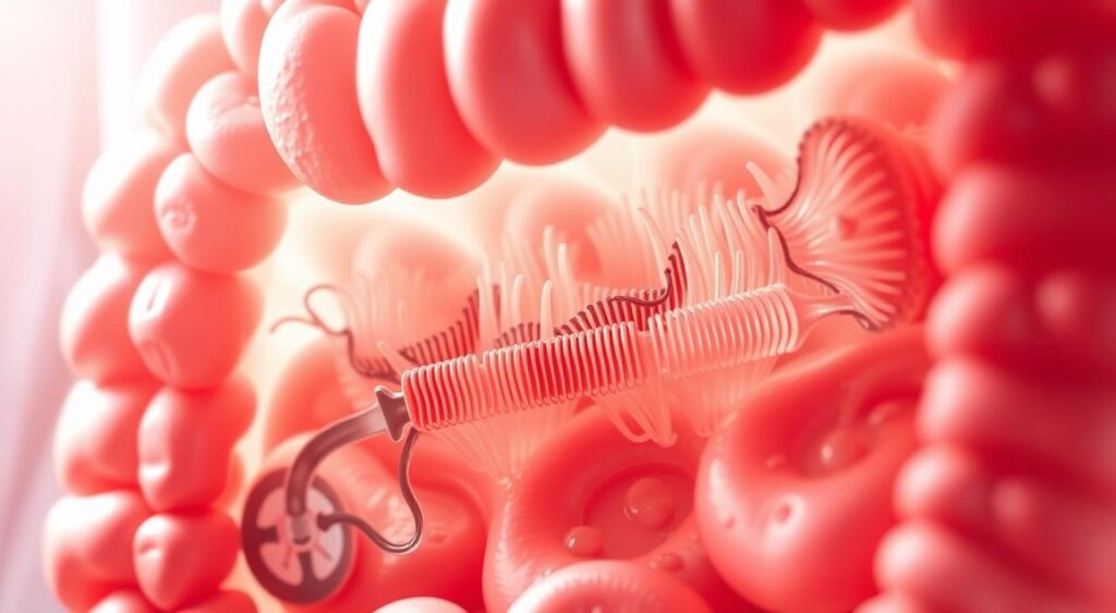 Detailed cross-section of the iron absorption process in the human digestive system. Close-up view of the small intestine, showing the absorptive villi and the iron transport mechanisms. Bright, warm lighting illuminates the scene, creating a scientific, educational atmosphere. The image should convey the intricate, almost microscopic nature of this physiological process, with a focus on the key steps and pathways involved in the assimilation of dietary iron. Precise, technical rendering with a subtle, natural color palette to enhance the educational quality of the illustration.