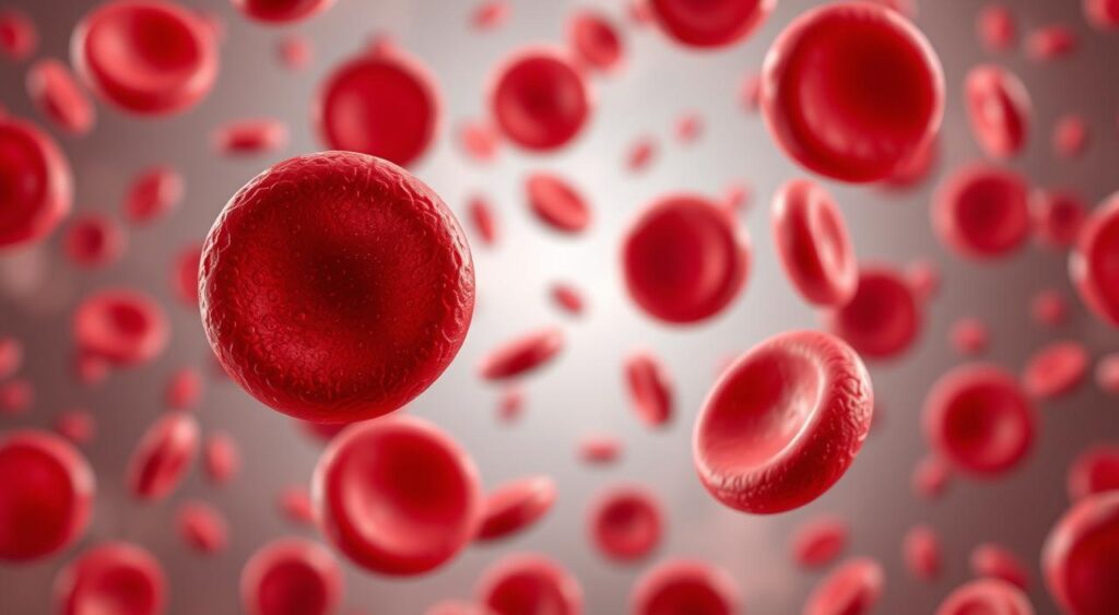 Detailed, realistic red blood cells floating in a plasma-filled circulatory system. Crisp, high-resolution image with a clean, scientific aesthetic. Soft, even lighting from multiple angles creates depth and shadows, highlighting the intricate, textured cellular structures. Smooth, glossy appearance of the cells, with a slight sheen. Depth of field blurs the background, placing focus on the prominent, vibrant red blood cells. Anatomically accurate representation, suitable for an educational medical illustration.