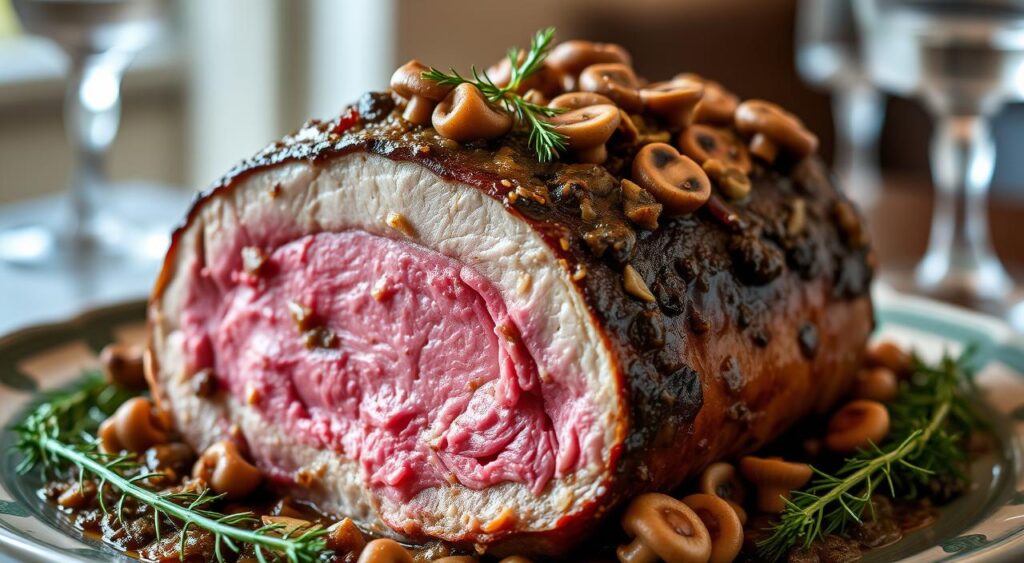 Generate an image of a crown roast of pork with mushroom dressing.