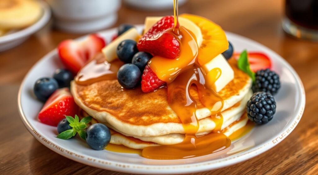 Generate an image of a delicious breakfast-for-dinner dish, such as pancakes with fresh fruit and maple syrup.