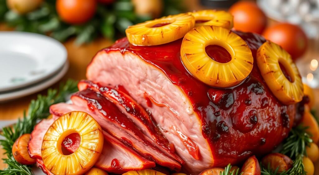 Generate an image of a glazed ham with pineapple rings on top.