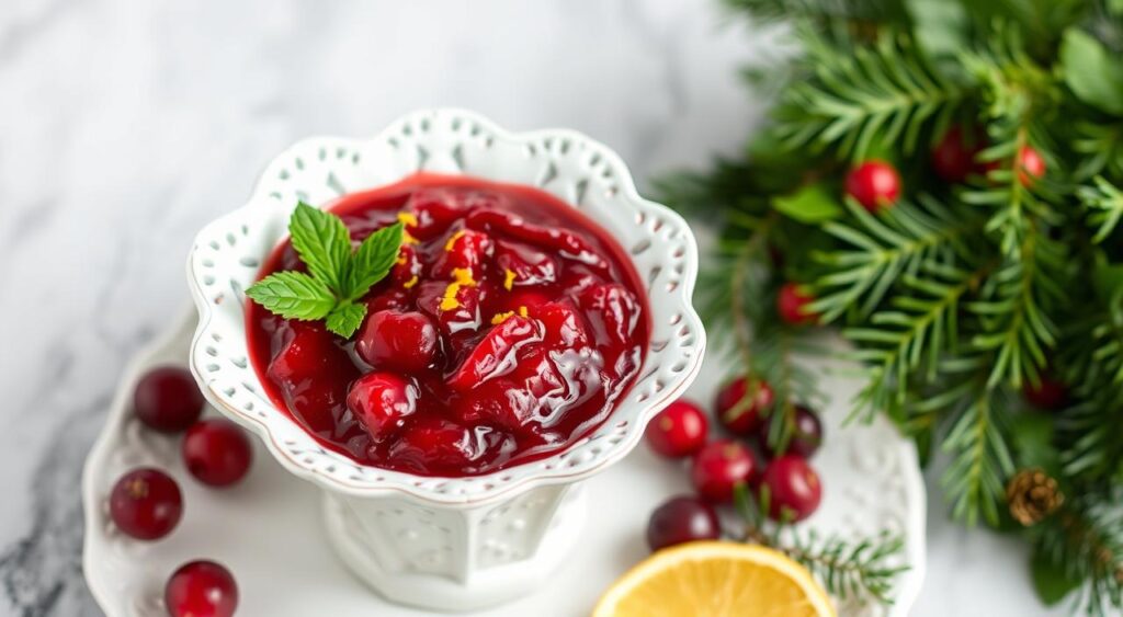 Generate an image of a homemade cranberry sauce in a decorative bowl, garnished with fresh cranberries and orange zest.
