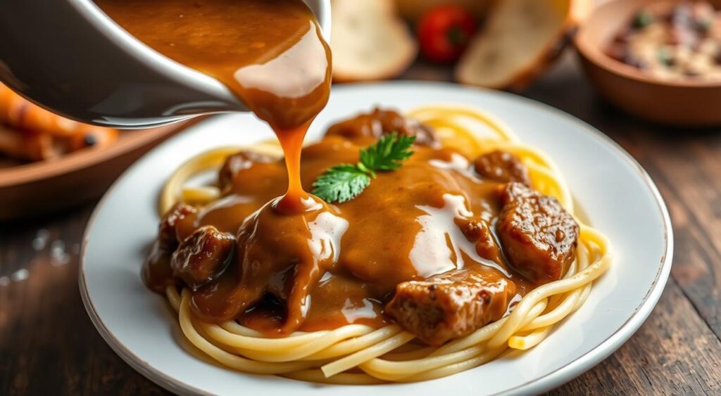 Generate an image of a rich, homemade Italian gravy being poured over a dish of pasta or meat.