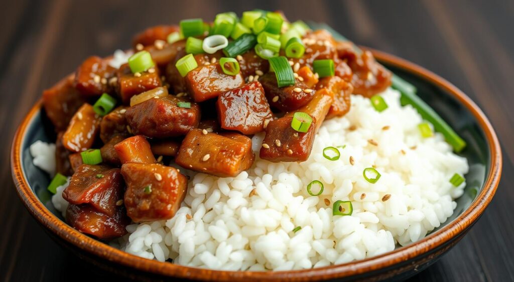 Generate an image of a savory beef and onion mixture served over a bed of Japanese short-grain rice, garnished with green onions and sesame seeds.