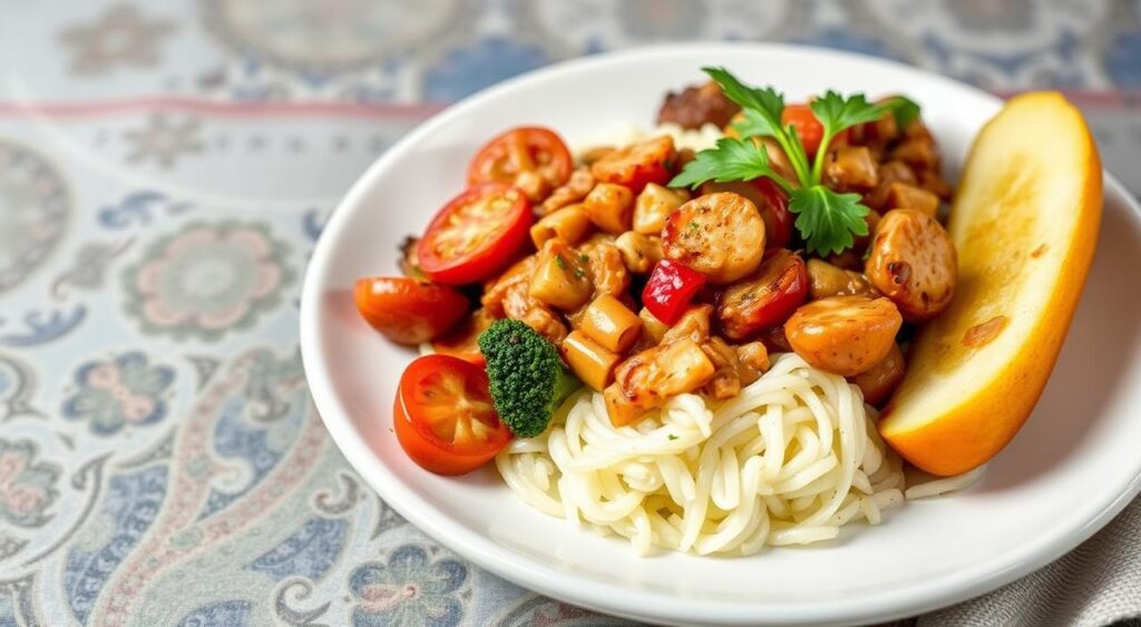 Generate an image of a simple yet delicious 5-ingredient dinner recipe.