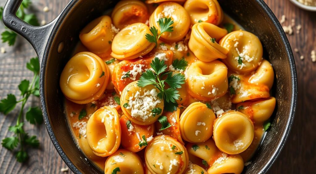 Generate an image of a skillet with creamy tortellini, garnished with parsley and parmesan cheese.