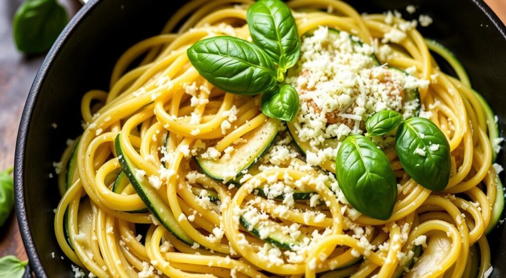 Generate an image of a skillet with zucchini pasta, topped with grated cheese and fresh basil.