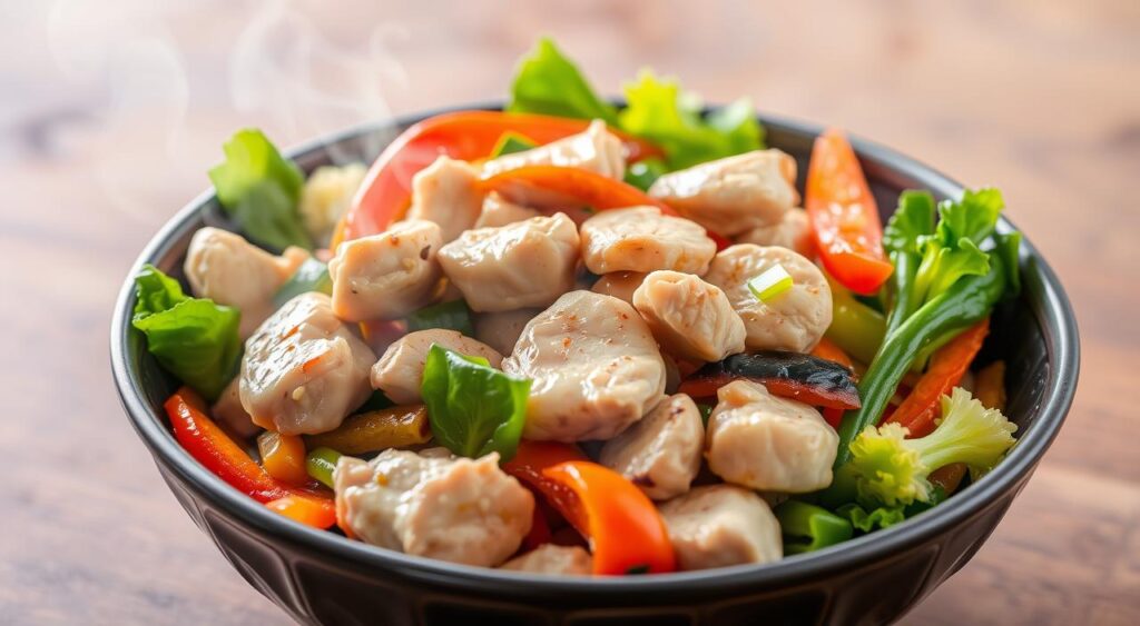 Generate an image of a stir-fry dish with chicken and vegetables.