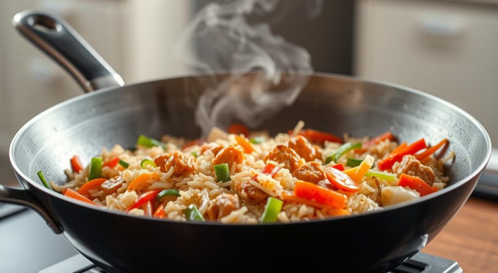 Generate an image of a wok filled with stir-fried rice, vegetables, and a savory protein source, all cooked to perfection.