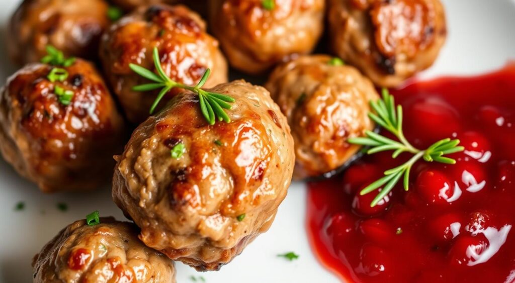 Generate an image of oven-baked meatballs served with cranberry sauce.