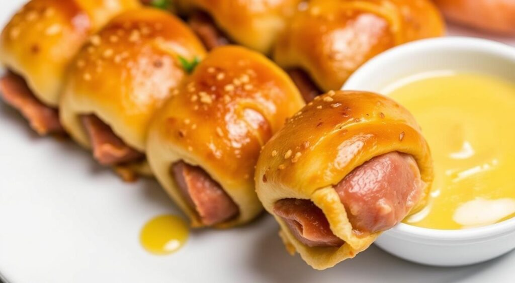 Generate an image of pretzel pigs in a blanket with a garlic-honey mustard dipping sauce.
