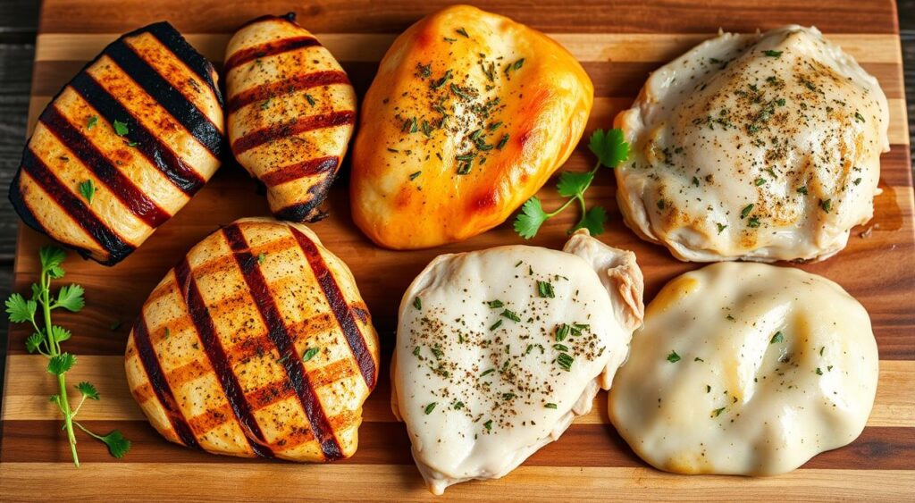 High-resolution, photorealistic image of various chicken breast cooking methods, including grilled, pan-seared, baked, and poached chicken breasts, arranged in an appetizing display on a wooden cutting board. Warm, natural lighting highlights the tender, juicy texture of the chicken and the vibrant colors of accompanying herbs and seasonings. The composition emphasizes the versatility and ease of preparing chicken breasts for a quick, wholesome weeknight meal. Crisp, detailed focus throughout the scene, captured with a wide-angle lens to provide a comprehensive view of the different cooking techniques.