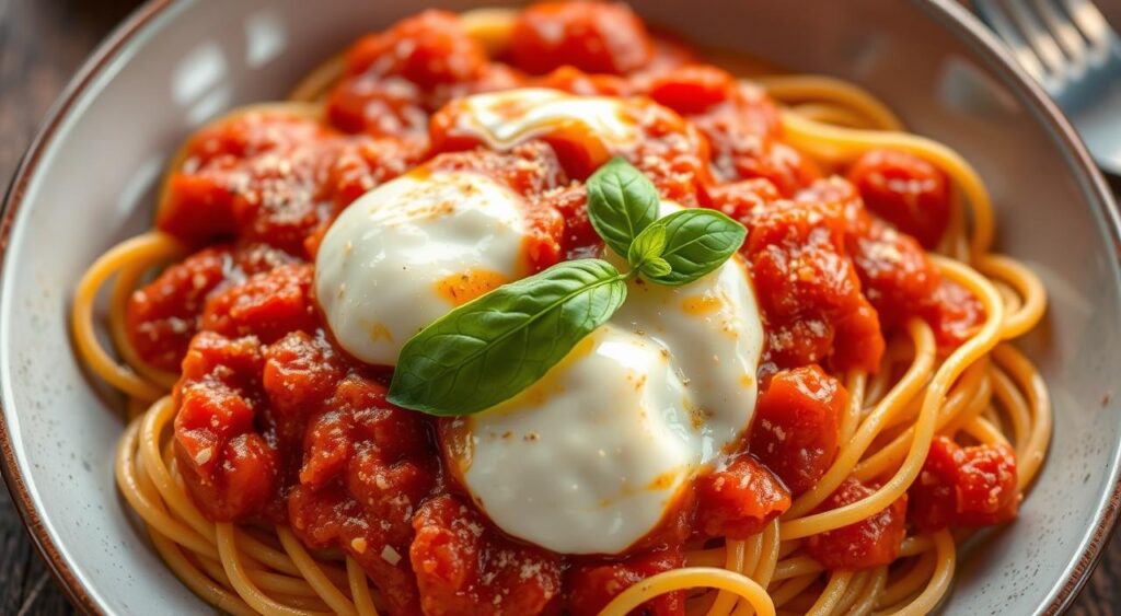 Image of a delicious pasta dish with a rich tomato sauce and melted mozzarella cheese