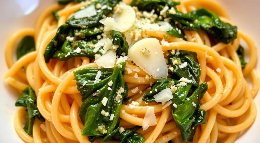 Image of a delicious pasta dish with garlic and spinach