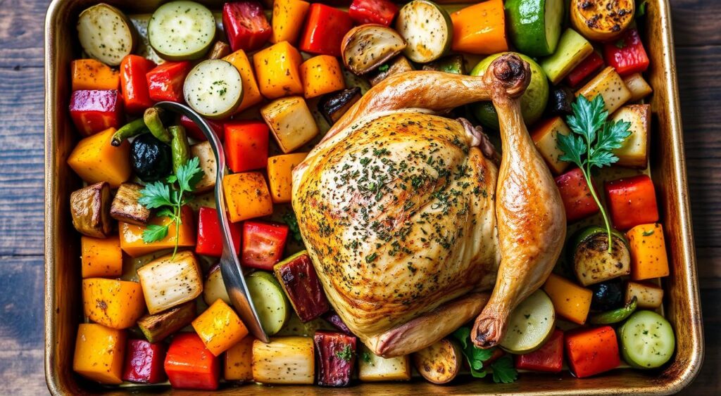 Image of a delicious sheet pan dinner with chicken, vegetables, and seasonings