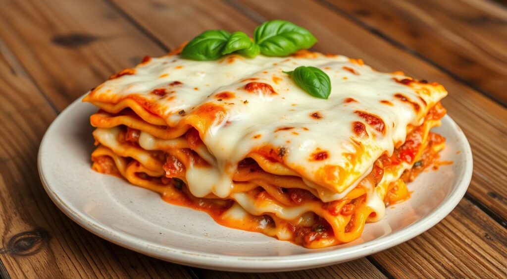 Image of a layered lasagna with melted cheese and fresh basil