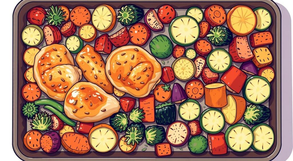 Image of a sheet pan with honey garlic chicken and roasted vegetables