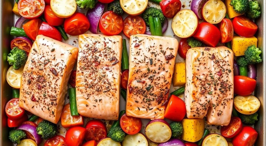 Image of a sheet pan with salmon, vegetables, and seasonings