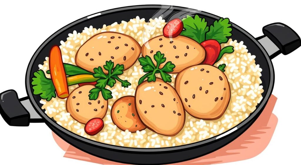 Image of a skillet with chicken, rice, and vegetables