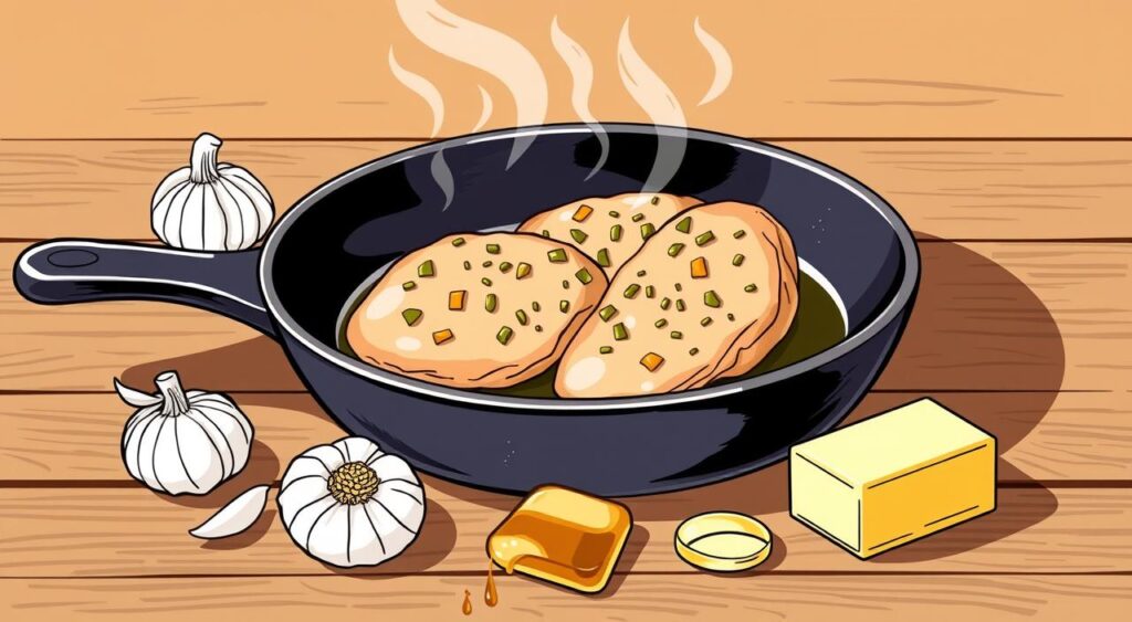 Image of a skillet with honey garlic chicken breast, surrounded by ingredients like garlic, honey, and butter.